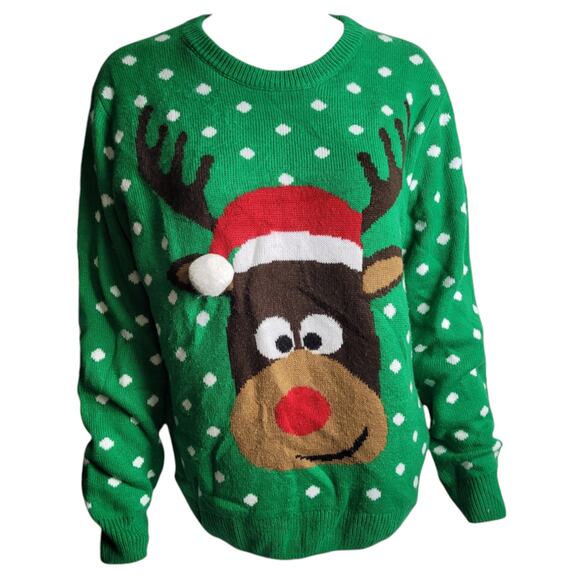 Laura Scott Women's XL Ugly Christmas Reindeer Sweater Rudolf Rudolph XMas Green - Picture 1 of 9